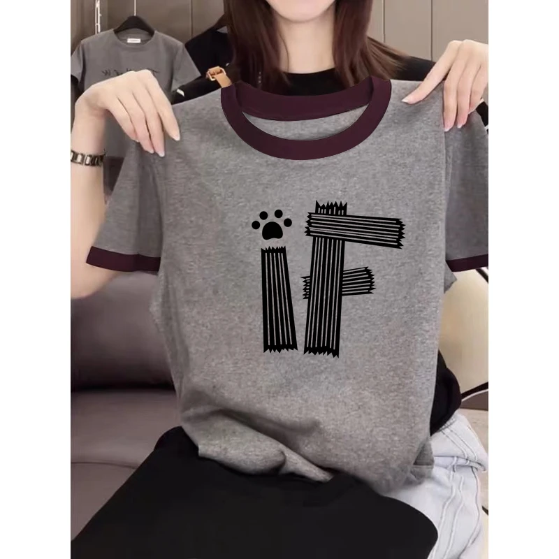 2025新款正肩纯棉短袖t恤女ins休闲百搭插色洋气撞色灰色上衣夏季