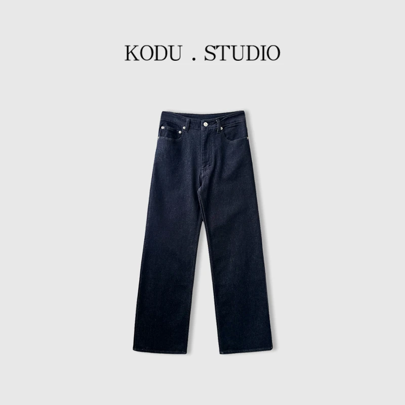 【刻度KODU】YM-4957春季百搭高腰纯色银色扣净标直筒阔腿牛仔裤