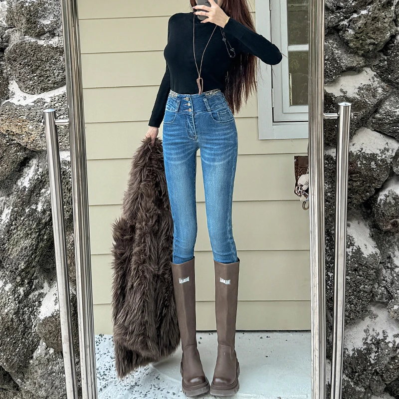 时尚高腰紧身牛仔裤女2025年秋冬新款弹力修身显瘦百搭小脚裤子潮