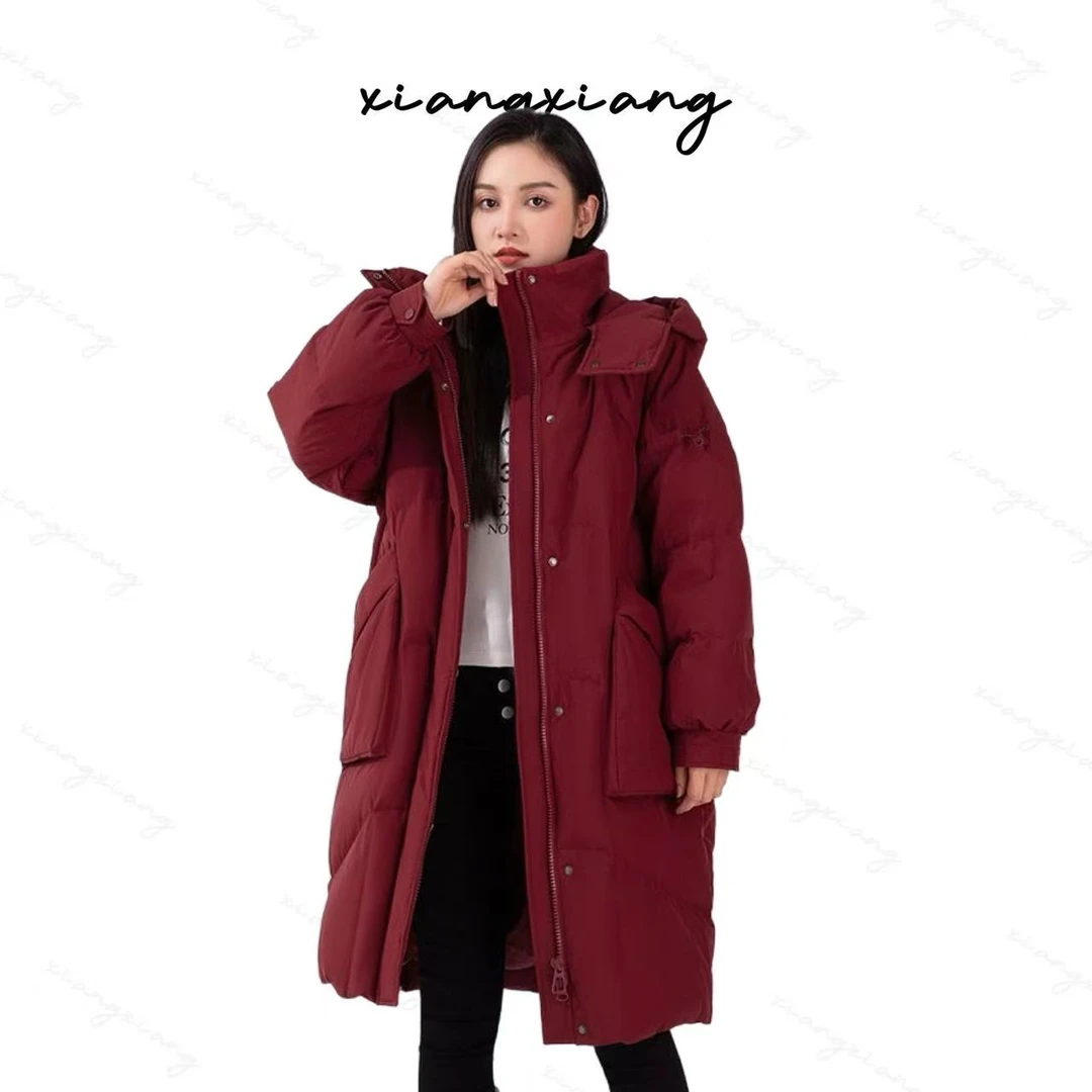 冬季新品时尚百搭大口袋加厚保暖连帽长款外套羽绒服77086
