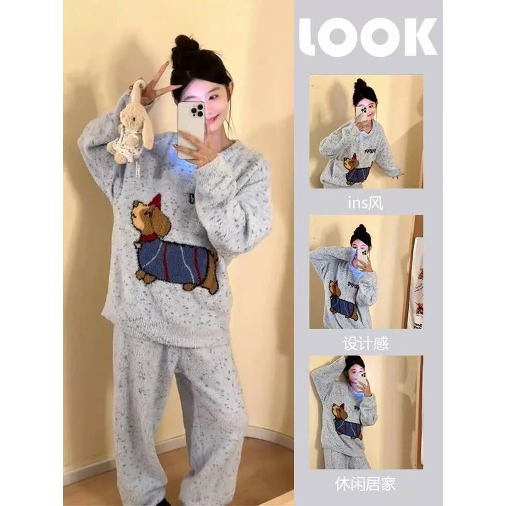 网红腊肠小狗秋冬季半边绒加厚大码睡衣长袖长裤软绵绵家居服套装