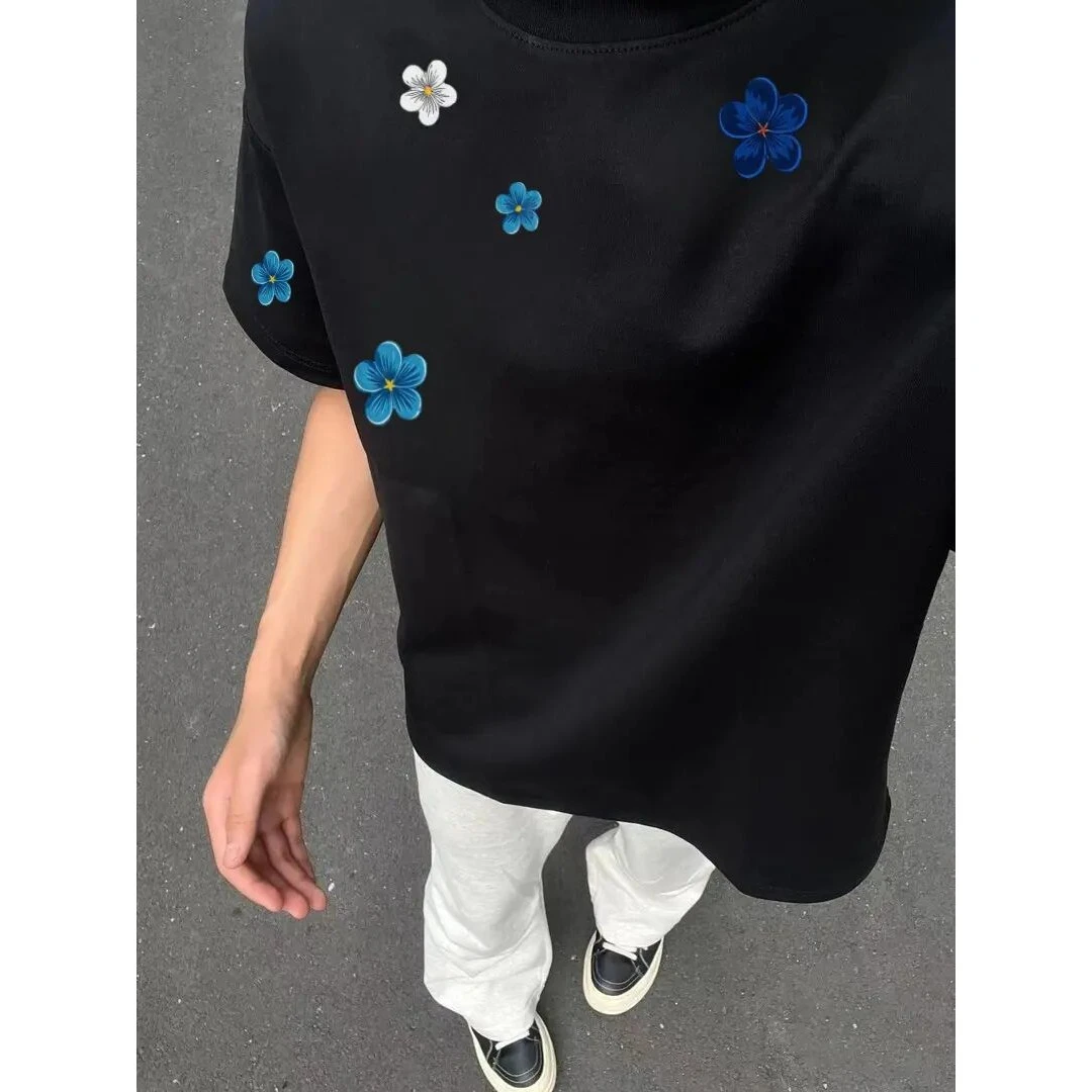 美式ins风花朵设计感印花短袖T恤男小众潮牌重磅纯棉圆领打底衫男