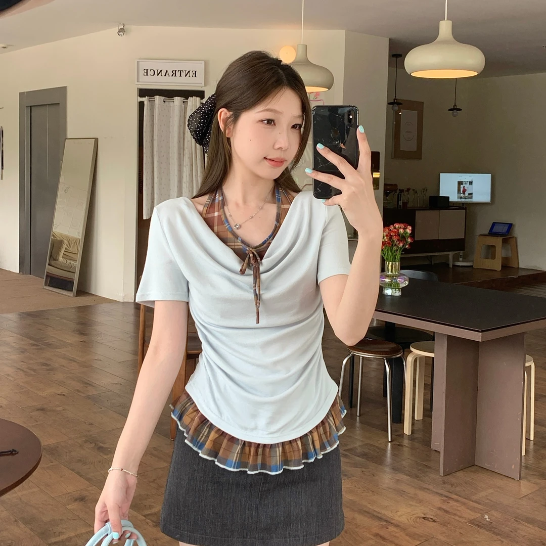 大码夏季新款设计感芭蕾风格子拼接假两件短袖T恤挂脖上衣T恤女