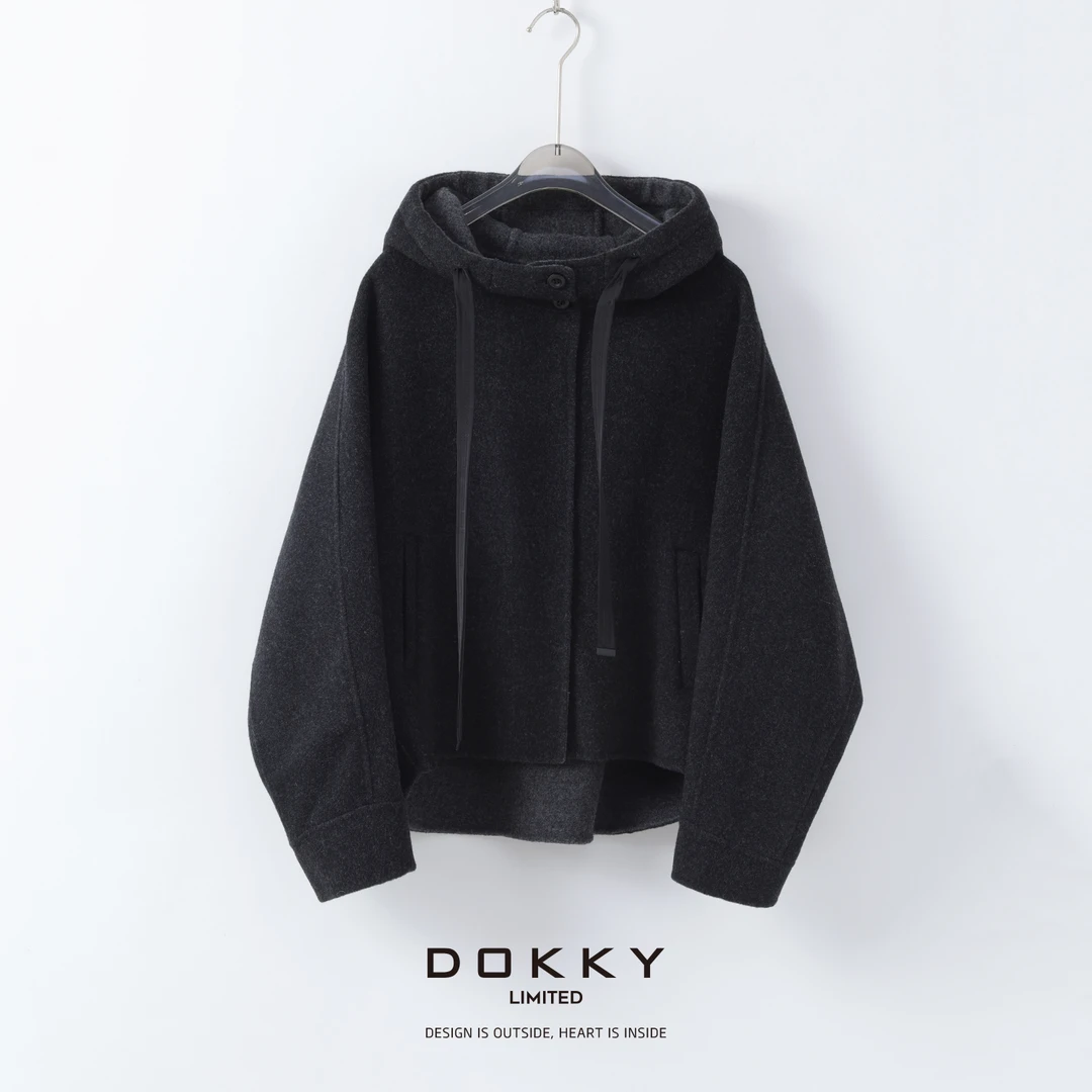 【限量尖货.蒙太奇.紫标】DOKKY绵羊毛双面呢|蝙蝠袖.立领连帽外套