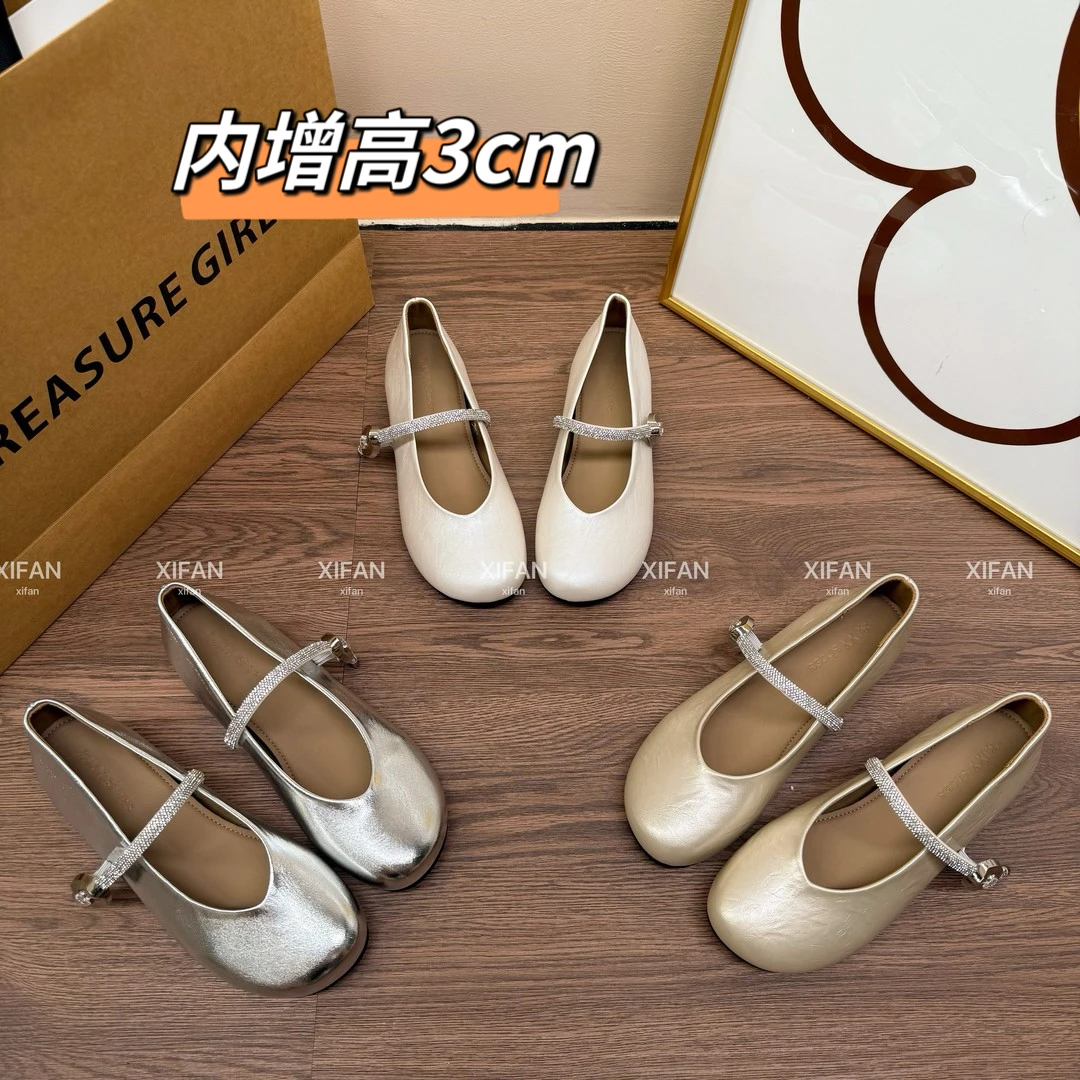 【喜番】2025新款水钻平底韩版玛丽珍浅口单鞋内增高软底欧若新中式