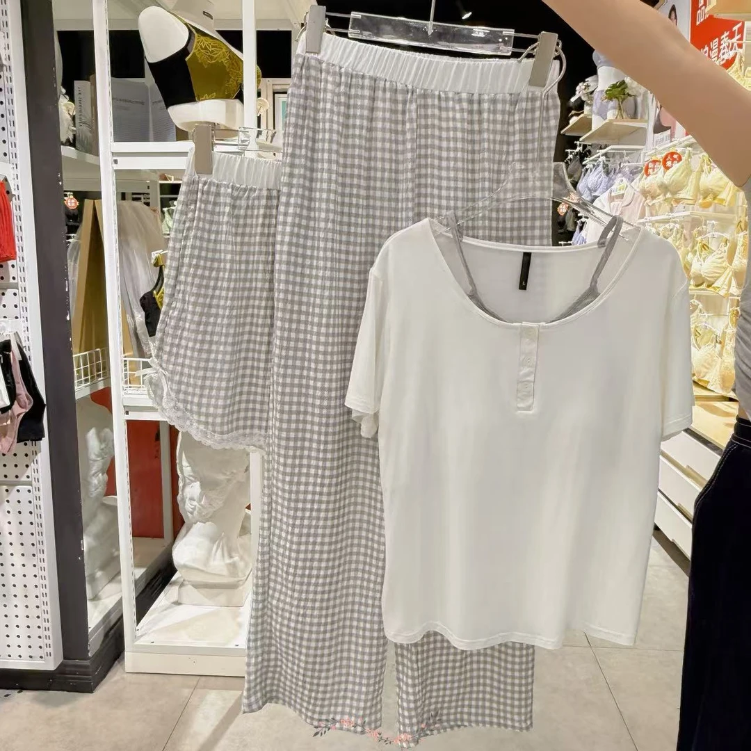 夏季新款格子假两件短袖带杯垫三件套绵柔透气舒适亲肤女套装2129