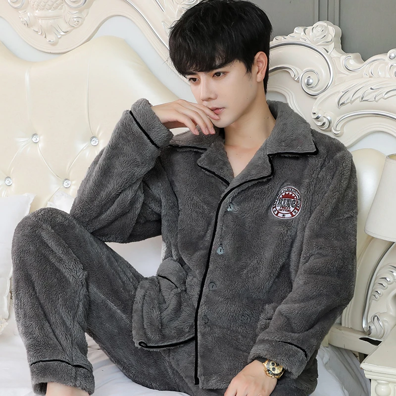 秋冬季青年男士睡衣珊瑚绒大码长袖加厚加绒春秋家居服法兰绒套装