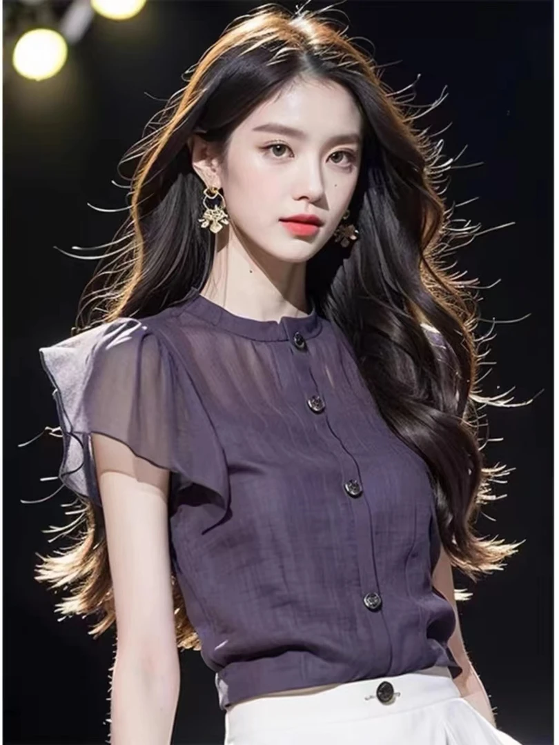 夏季设计感漂亮小衫洋气高端别致超好看法式小衫紫色衬衫上衣女
