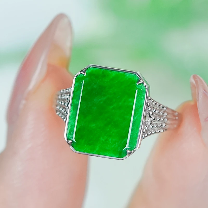 18K金镶玉天然翡翠A货满绿龙石翡翠无事牌戒指（竖向）