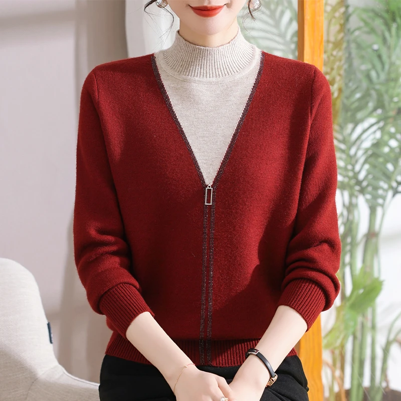 妈妈秋冬新款针织假两件内搭毛衣中老年女装本命年红色上衣打底衫