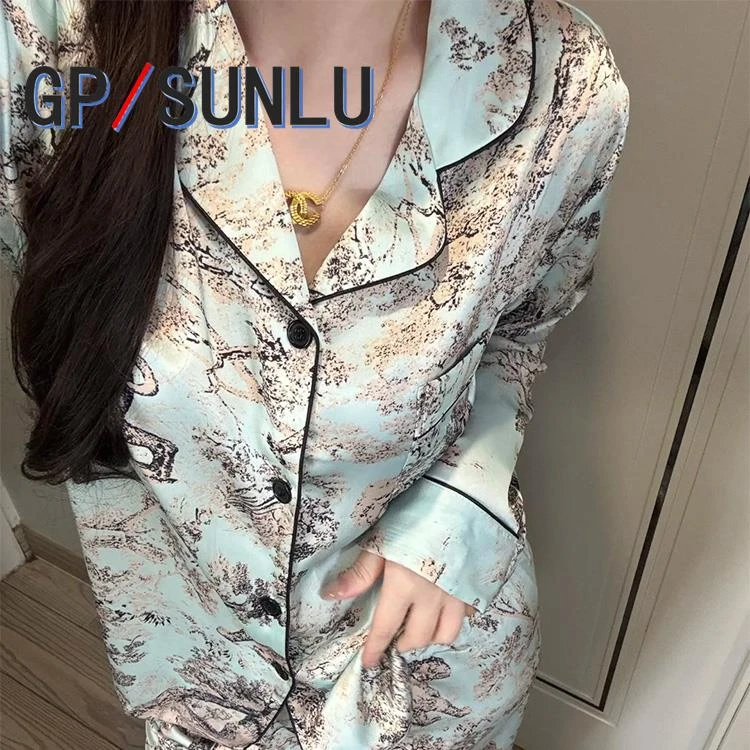 日本小众GP国风水墨画冰丝睡衣女春秋季长袖覆古风家居服夏天可外