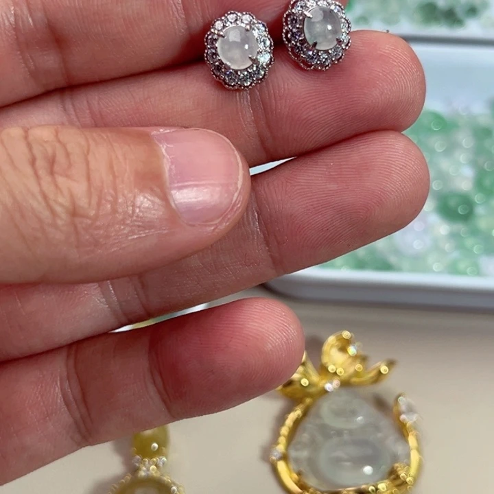 翡翠银S925镶嵌耳钉缅料A货翡翠