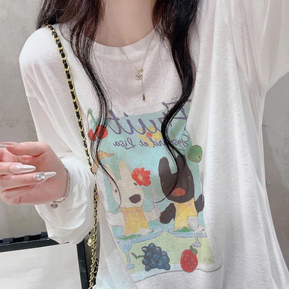 雪花棉白色印花减龄长袖T恤女春装新款圆领宽松显瘦卡通短袖上衣