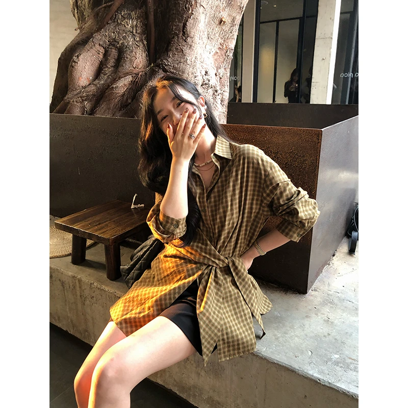 任小艺 3/4新品 复古美学港风设计感小众提花色织格宽松扭结衬衫