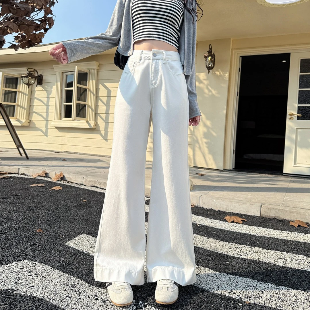 150小个子秋季米白色牛仔裤女2025新款高腰显瘦阔腿直筒裤微喇裤