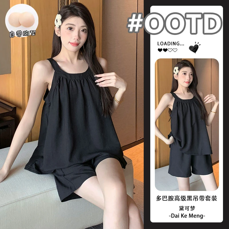 海边甜美吊带短裤外穿套装女款家居服网红休闲带胸垫防凸点睡衣夏