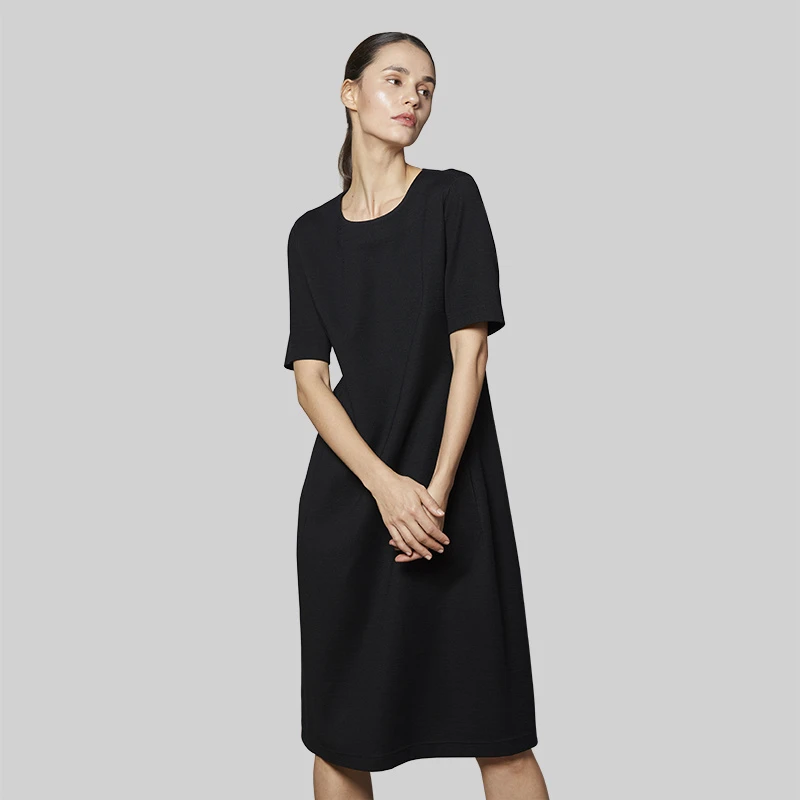 啦娜菲LANAFAY春夏收腰修身小黑裙0C458墨黑裙子简约长裙