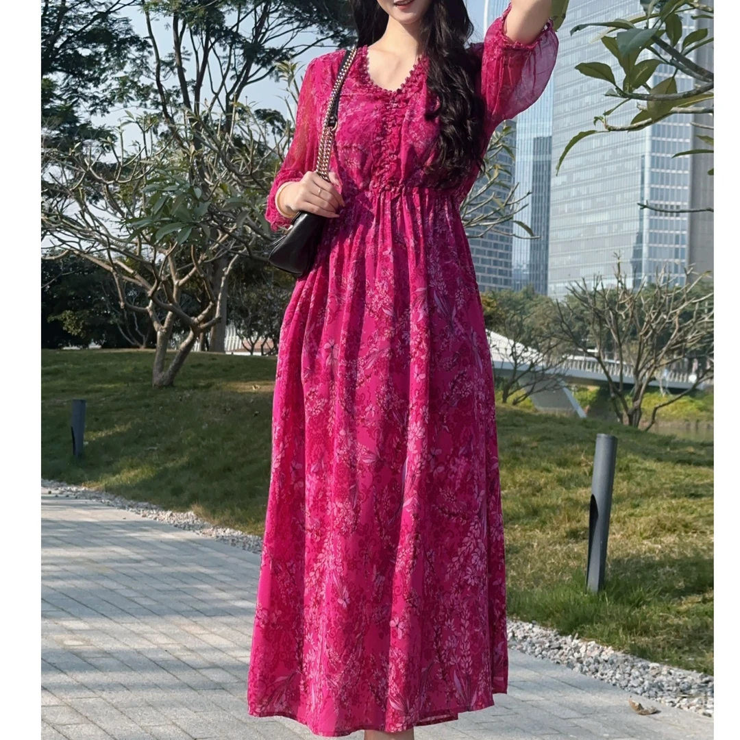 【2568海棠花语】25年新款高端宽松印花桑蚕丝气质修身连衣裙长120