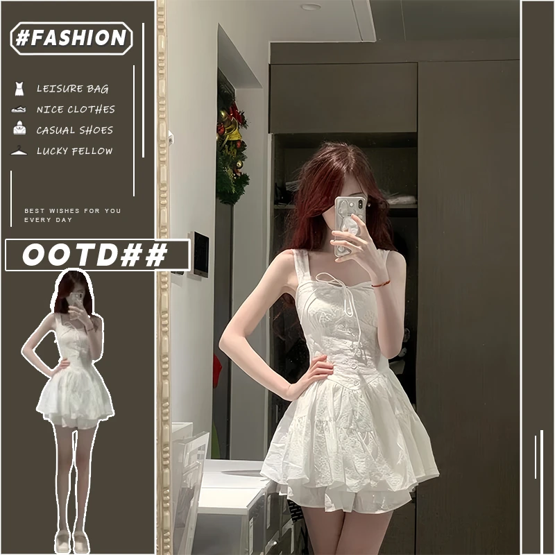 芭蕾风白色吊带连衣裙女春夏季气质收腰甜美A字蝴蝶结蓬蓬裙短裙