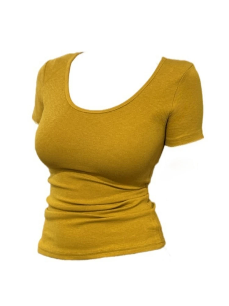 【Amy家】微胖mm黄色U领正肩短袖T恤女夏季设计感修身显瘦辣妹上衣