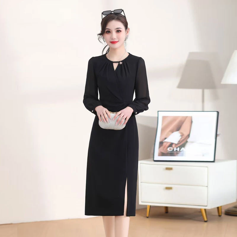 气质女人味连衣裙春装新款时尚修身显瘦长袖开叉裙子