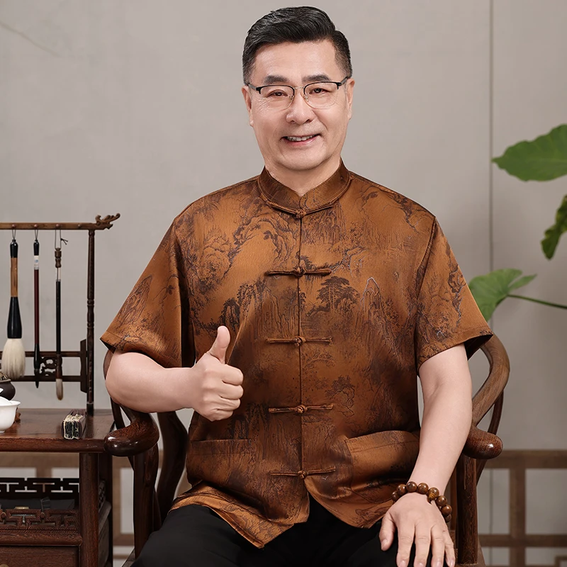 中式唐装男款中老年短袖套装薄款中国风爸爸装爷爷套装印染大码