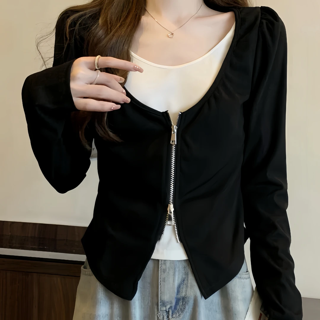 胖MM水 27秋季大码显瘦假两件设计感拉链V领气质女t恤