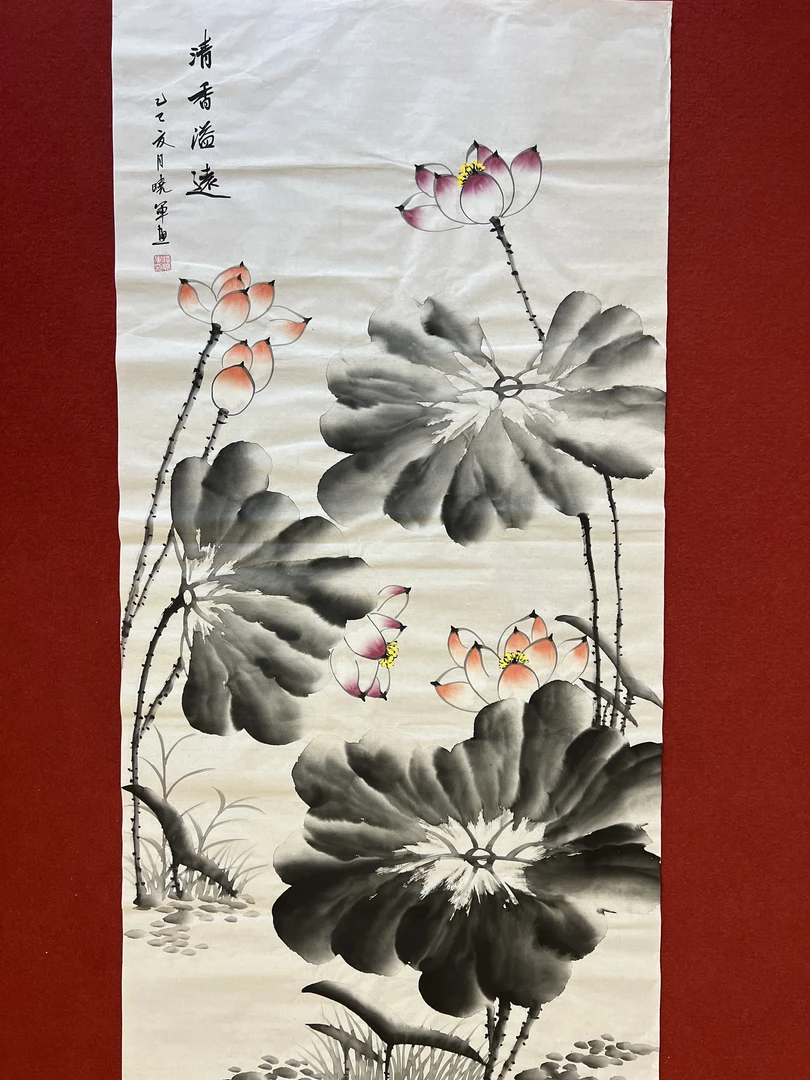 424四尺65x135cm清香溢远水荷玄关书房客厅办公室现代手工装饰画