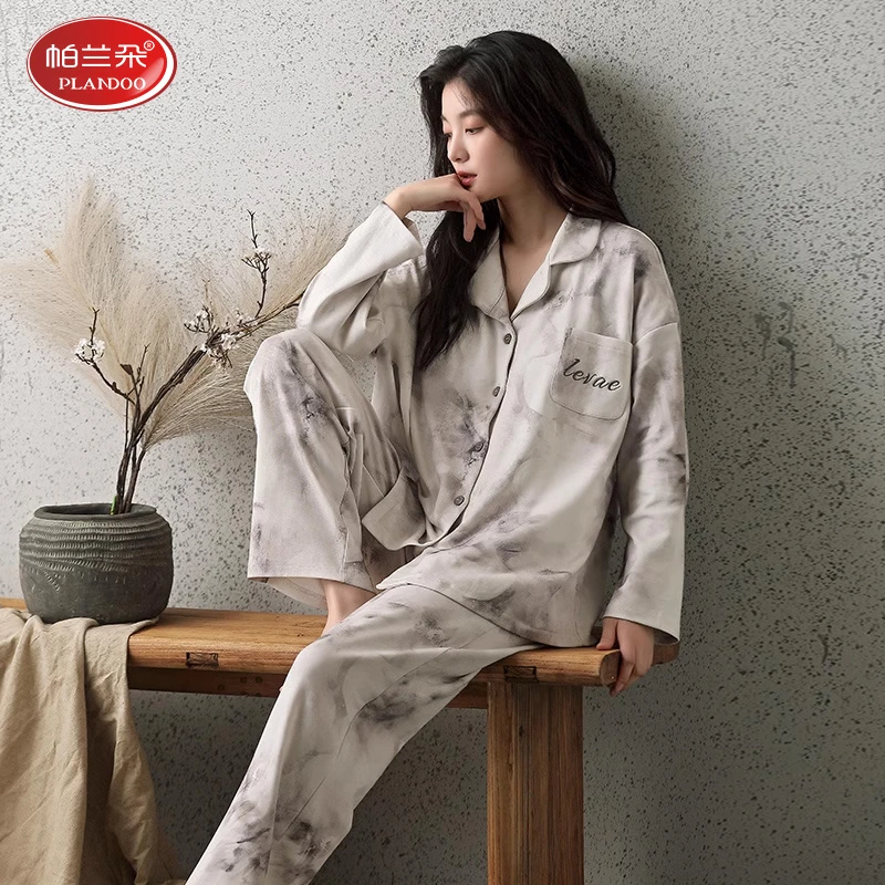 帕兰朵100%纯棉睡衣女春秋季长袖可外穿复古高级感秋冬全棉家居服
