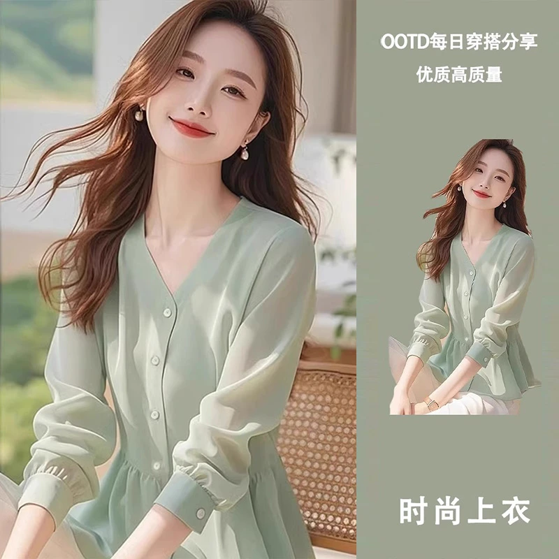 设计感气质浅绿色衬衫女2025新款爆款洋气流行别致高级感上衣女款