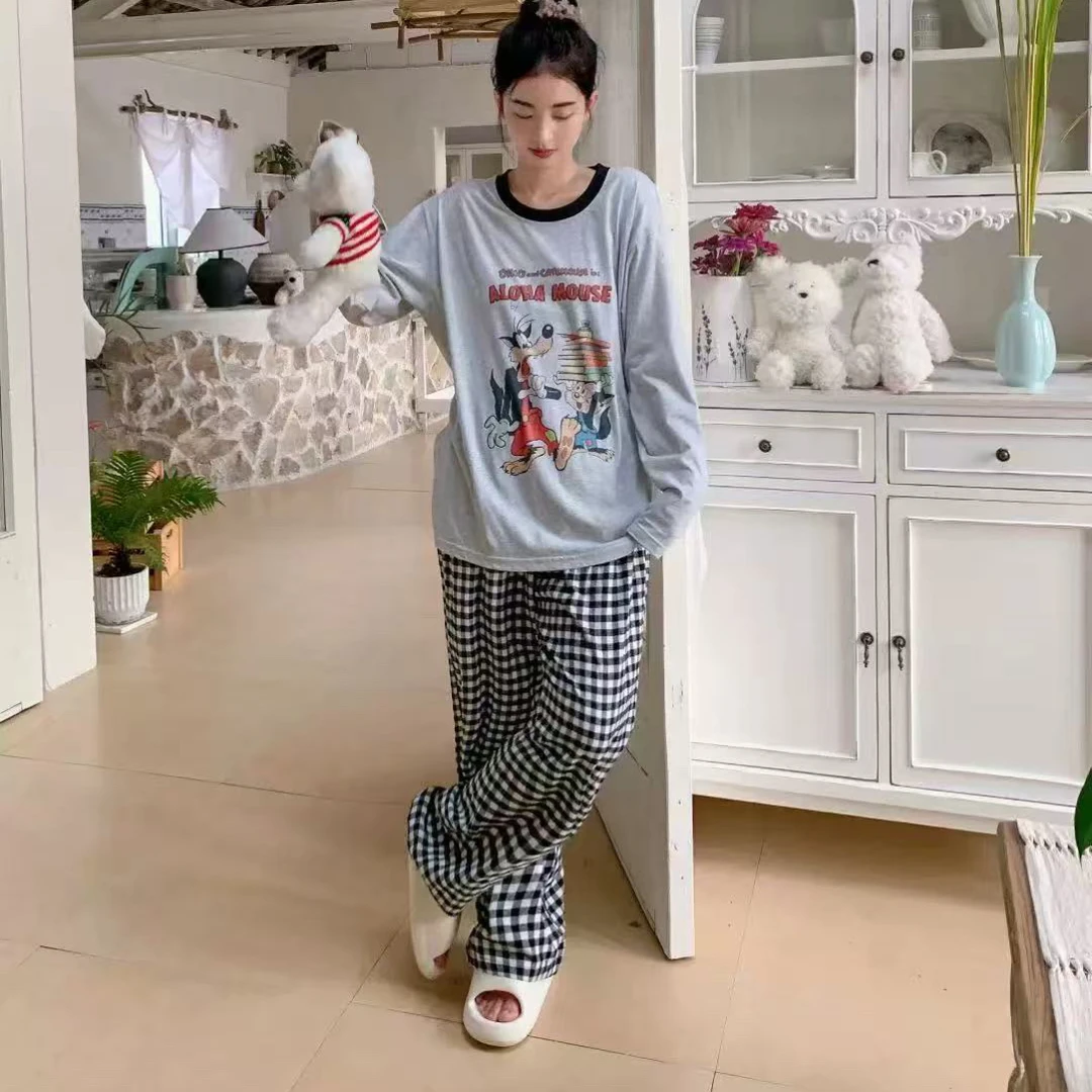 missjuju卡通格子裤秋款长袖长裤宽松休闲