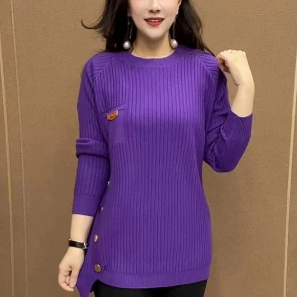 气质百搭上档次大码中长款收腰针织衫中老年妈妈圆领春季漂亮毛衣