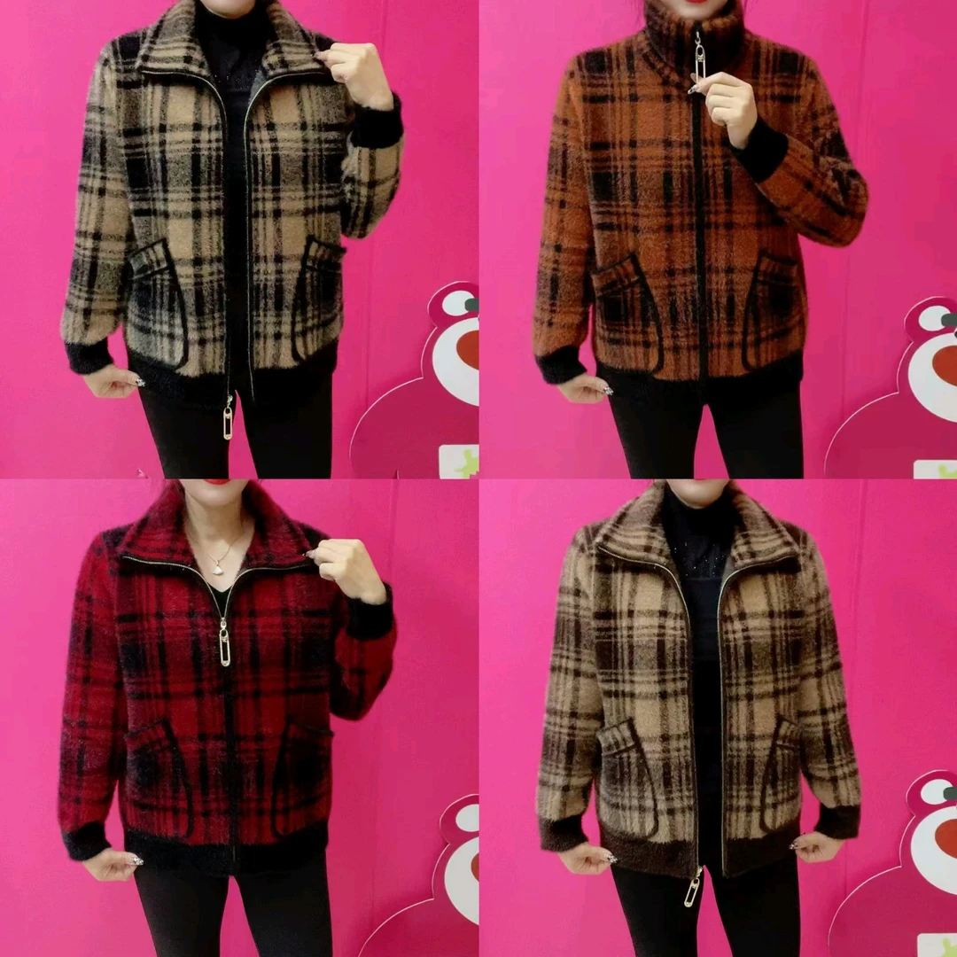 秋冬新款仿水貂绒格子外套