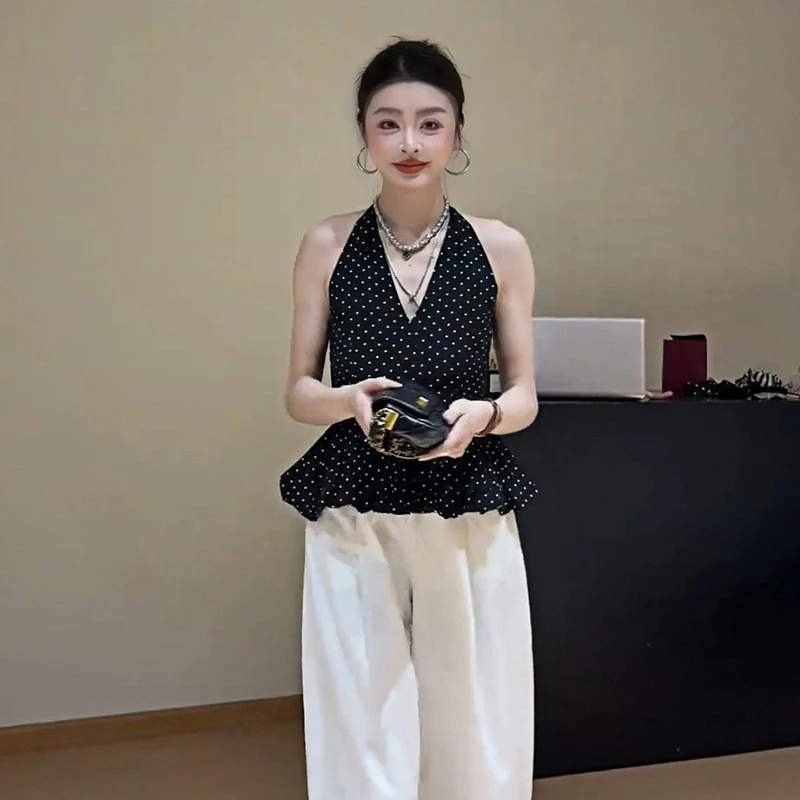 韩系时尚气质挂脖系带背心女装夏季新款显瘦波点减龄漂亮小衫上衣