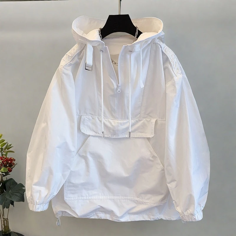 高街纯色连帽冲锋衣透气风衣休闲外套春秋款拼接男女潮流韩版工装