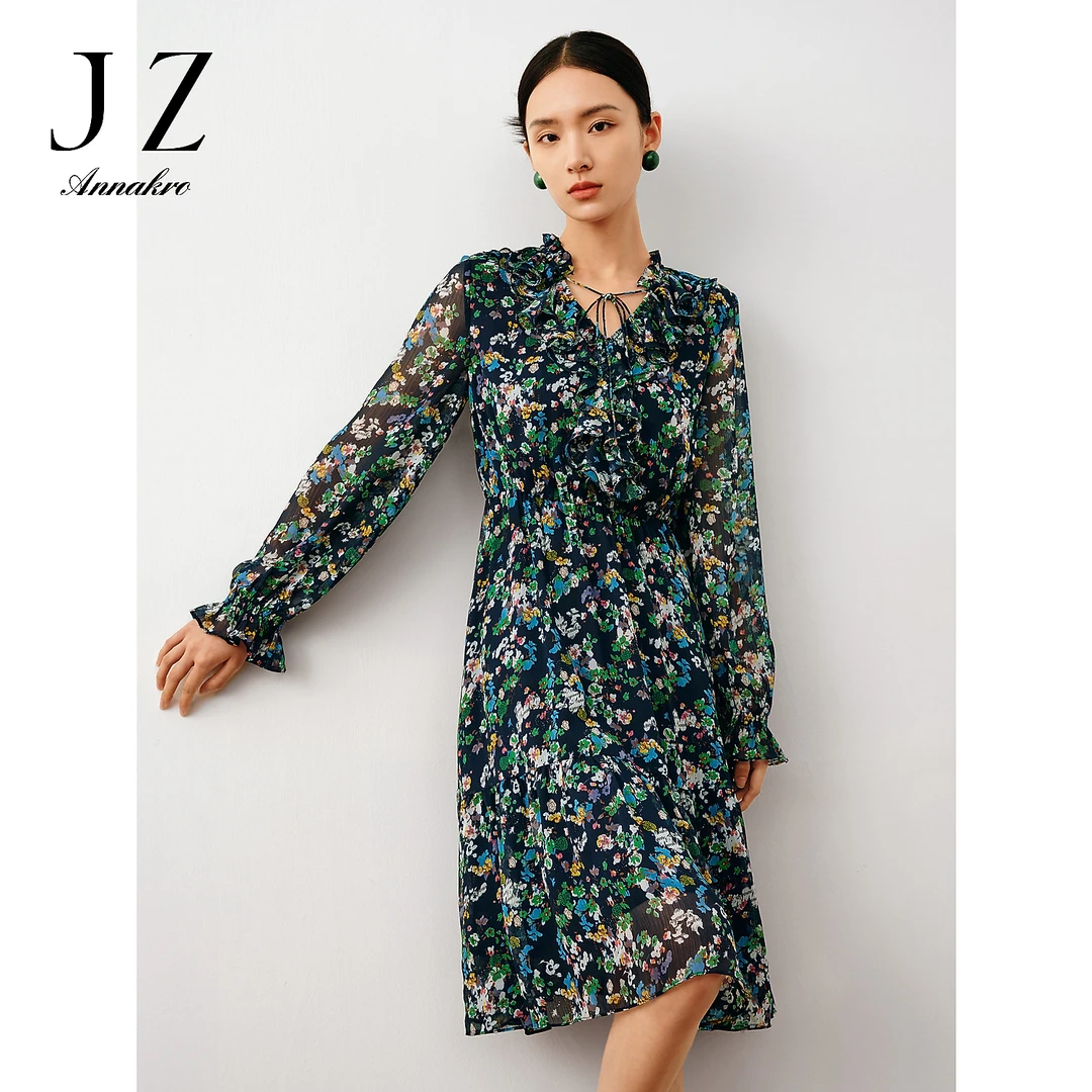 【岚岚专属】玖姿安娜蔻JTDQ50064波普风碎花X型雪纺印花雅连衣裙