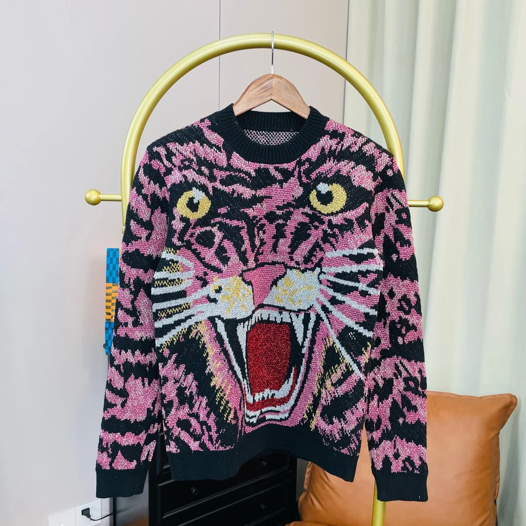99新 GUCCI/古驰 粉色老虎毛衣 xxs码 无领标
