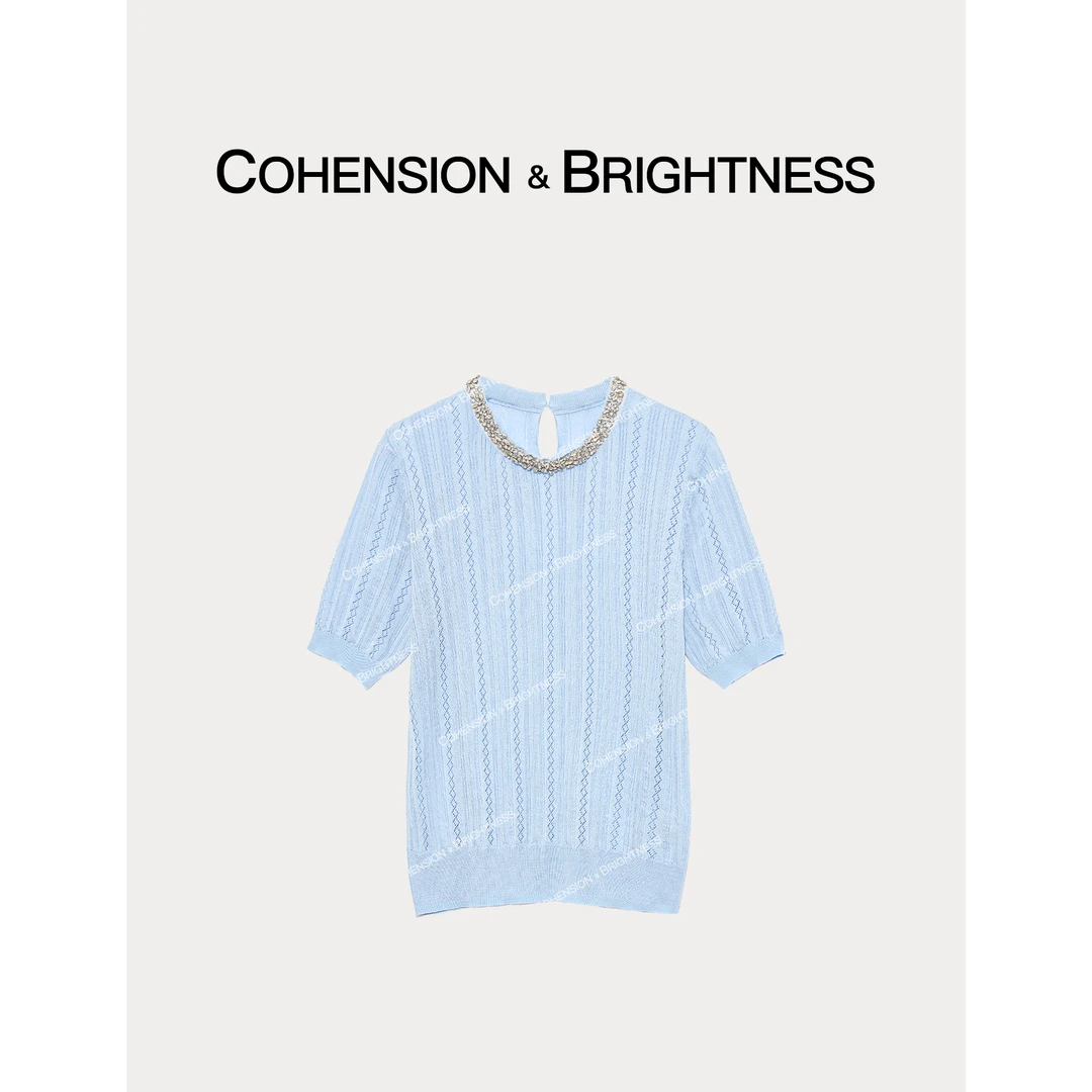 凝慧真的好【气质美人】春季时尚重工钉珠圆领短袖针织上衣JR980