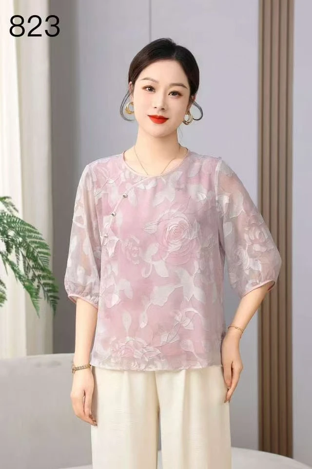 新中式圆领七分袖刺绣女宽松T恤823