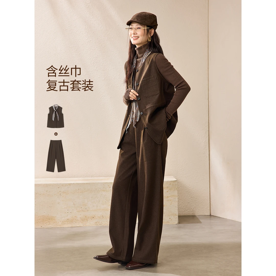 沫晗依美【雅痞漫行】25圆领雅绅通勤丝巾收腰无袖马甲阔腿裤两件套