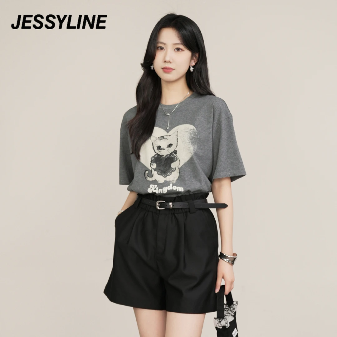 jessyline 2025夏季新款杰茜莱灰色T恤猫咪短袖宽松显瘦夏日穿搭
