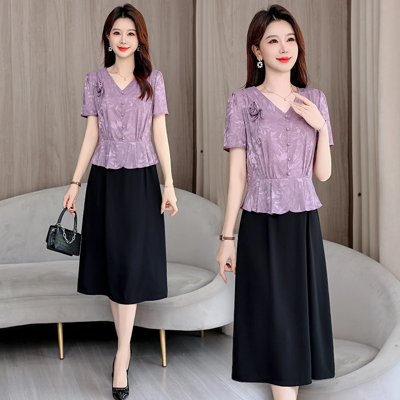 夏季新款时尚洋气连衣裙妈妈装假两件气质显瘦减龄拼接中长款裙子