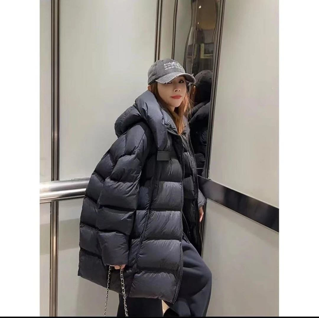 【倪妮】90白鹅绒连帽加厚羽绒服女新款中长款宽松保暖外套