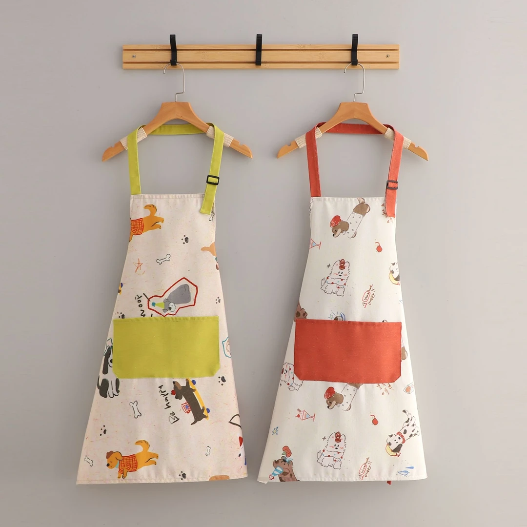 竹节棉帆布透气印染卡通风厚款常规网红围裙可爱防水大口袋挂脖式