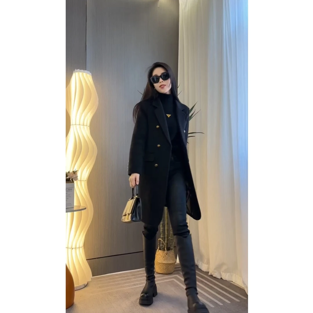 精致感时尚加棉毛呢外套女2025秋冬新款通勤风中长款西装领呢大衣