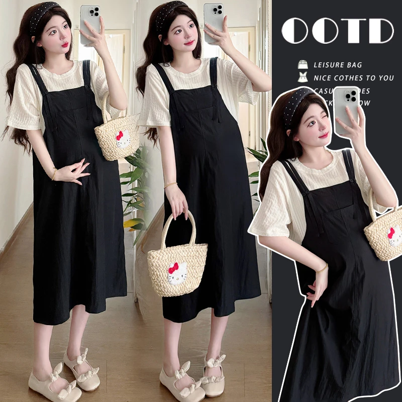 【小清家】小个子2025新款夏季孕妇连衣裙减龄韩版宽松假两件套大码