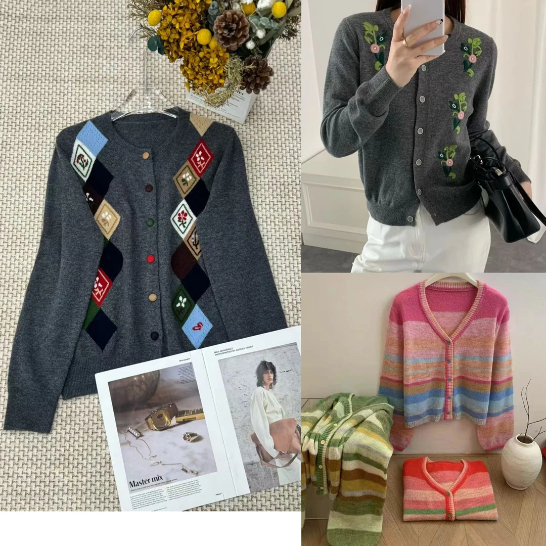 【猫猫家】圆领优雅风常规女常规款开衫针织上衣长袖圆领针织