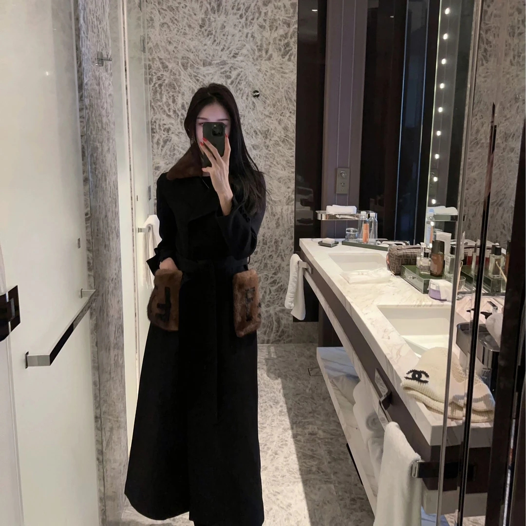 【西西里】原创设计师羊绒水貂毛拼接气质款长款显瘦收腰羊绒大衣