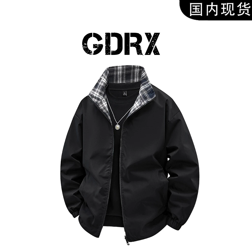 GDRX美式立领男士格子夹克2025春季新款休闲运动百搭宽松上衣外套