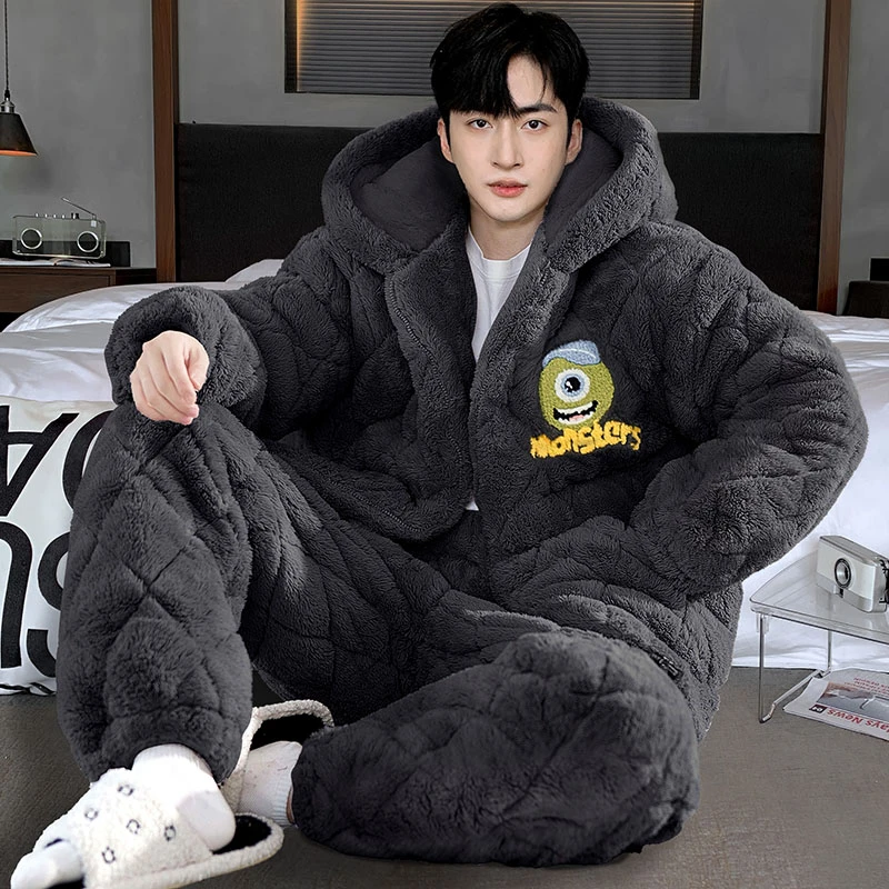 睡衣男士冬季加厚加绒三层夹棉珊瑚绒青少年保暖可外出家居服套装
